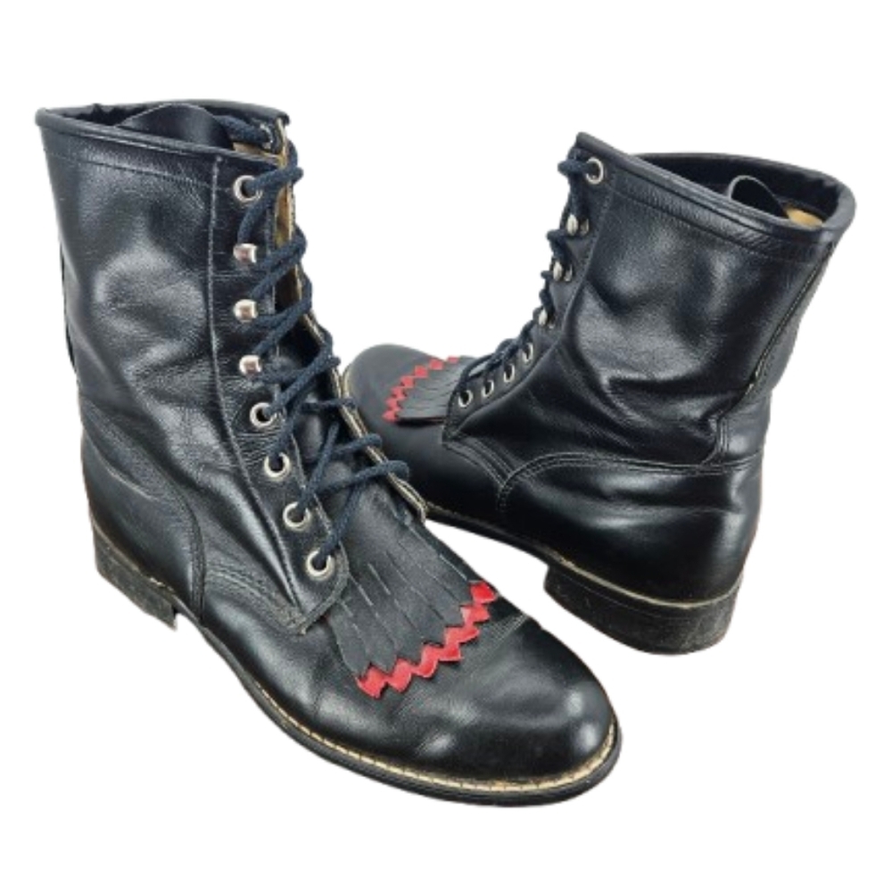 Vintage Black Leather Lace Up Boots Kiltie Fringe Cap Toe Western Military 8.5